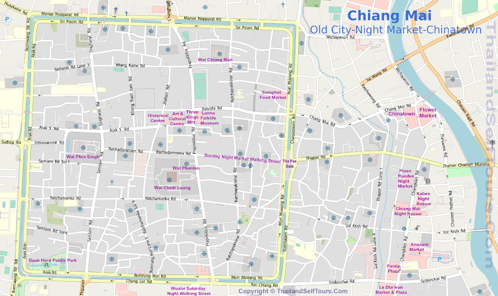 Chiang Mai City Map Old City, Night Market, Chinatown Tour Map